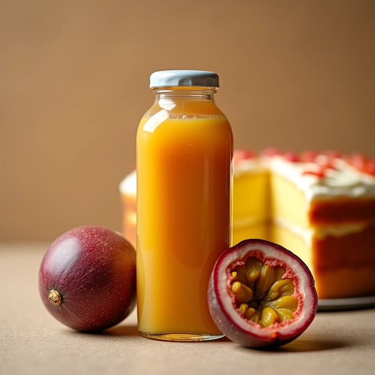 Suco de maracujá de caixinha ao lado de bolo.