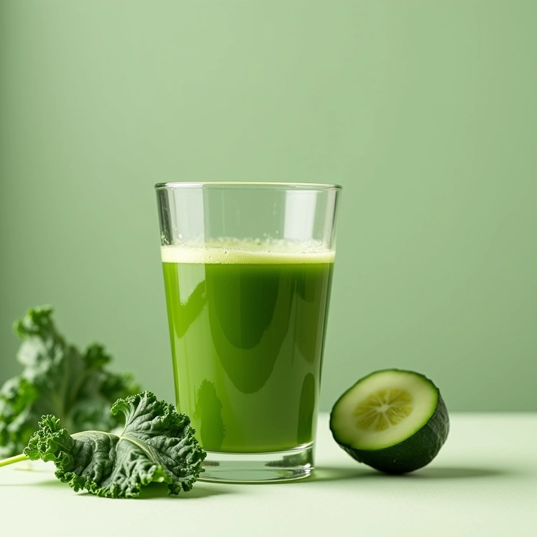 Suco detox de gengibre com couve e pepino em copo transparente.