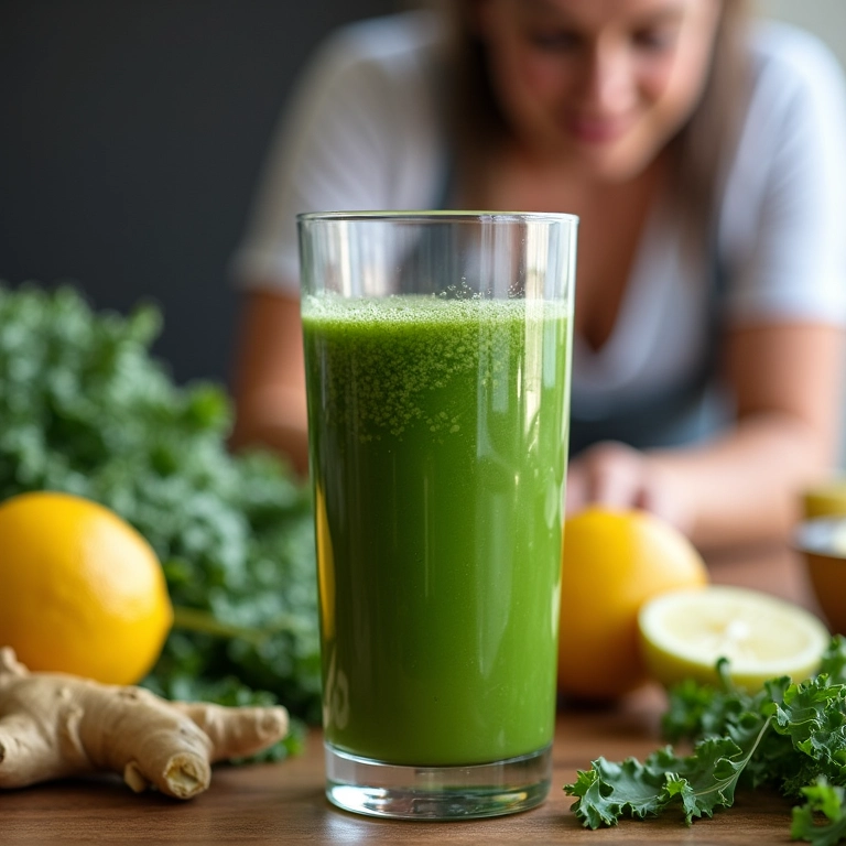 Suco verde turbinado com couve, maçã, gengibre e limão.