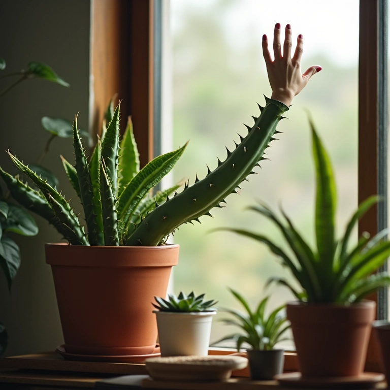 Suculenta esticando em direção à luz, mulher avaliando.