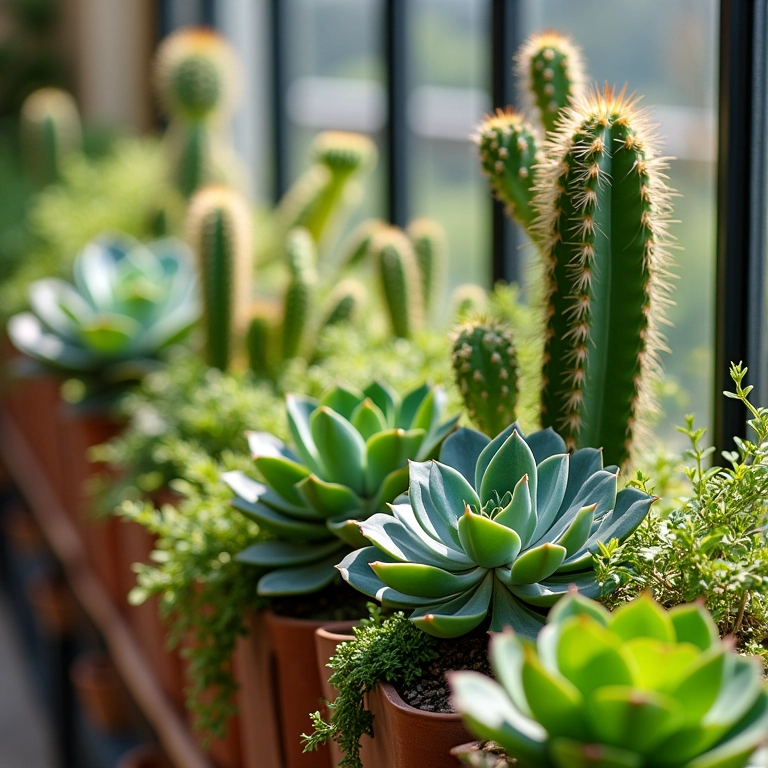 Suculentas e cactos em jardim vertical ensolarado.