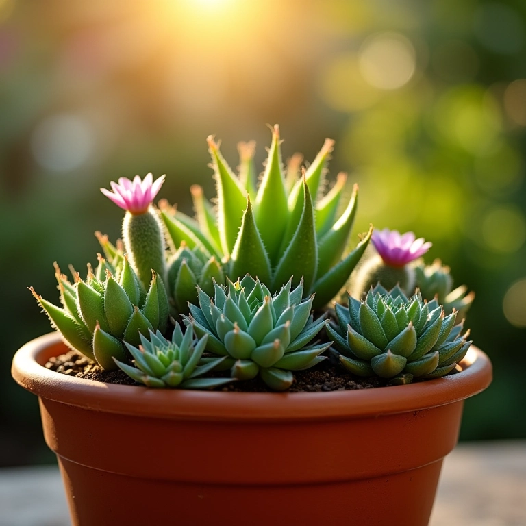 Suculentas e cactos em vaso de terracota sob o sol da tarde.
