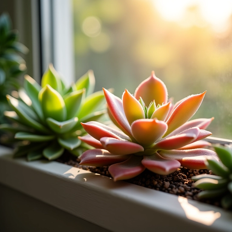 Suculentas Echeveria prosperando em um parapeito de janela ensolarado.