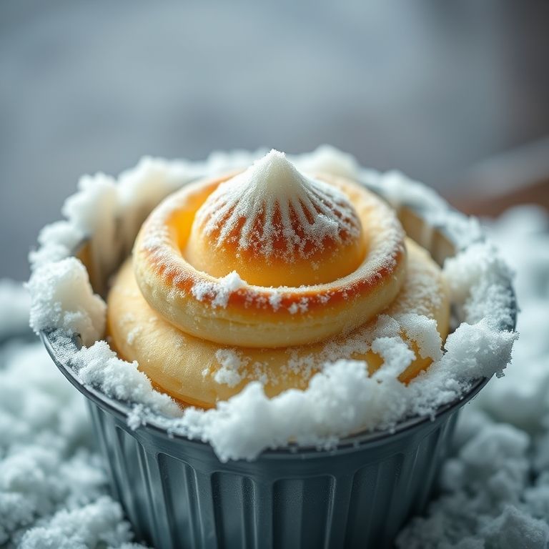 Suflê congelado em um recipiente, coberto de gelo.