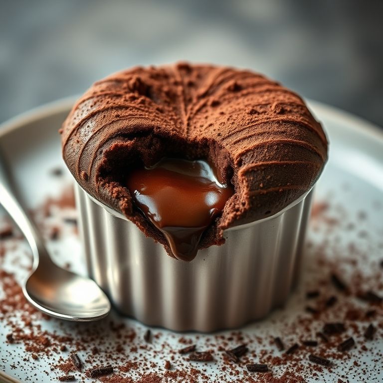 Suflê de chocolate decadente com centro derretido, polvilhado com cacau em pó.