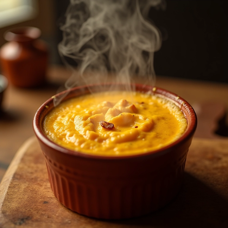 Suflê de chuchu com queijo gratinado, em um ramekin.