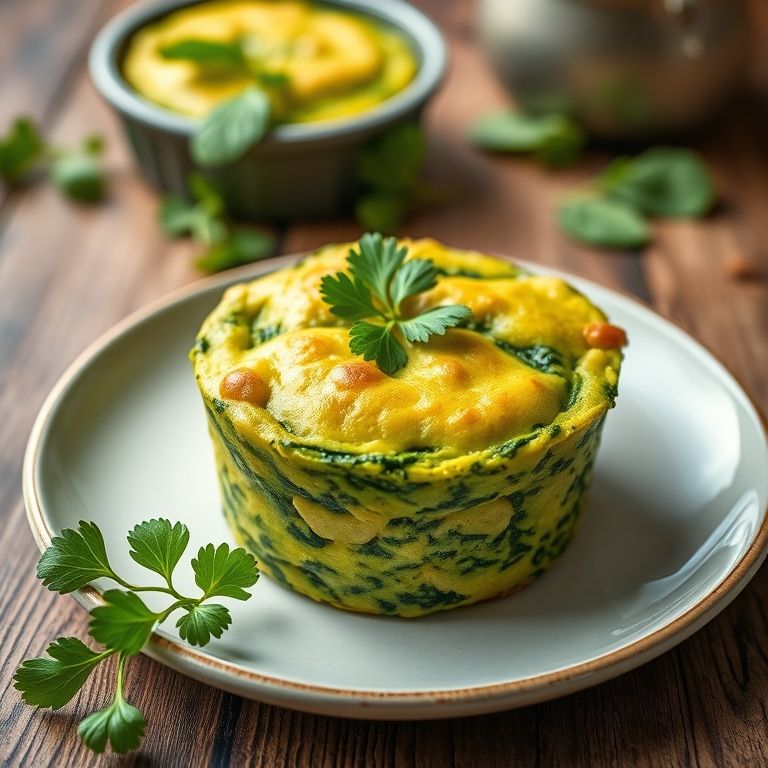 Suflê de espinafre saudável, com cor verde vibrante, servido em um prato com um raminho de salsa.