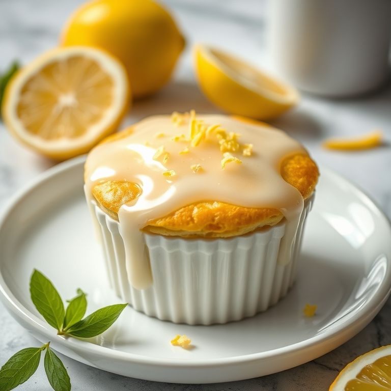 Suflê de limão refrescante com uma cobertura cítrica, decorado com raspas de limão.