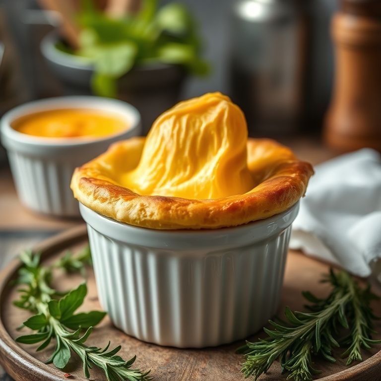 Suflê de queijo clássico crescendo perfeitamente em uma forma, com crosta dourada e textura aerada.