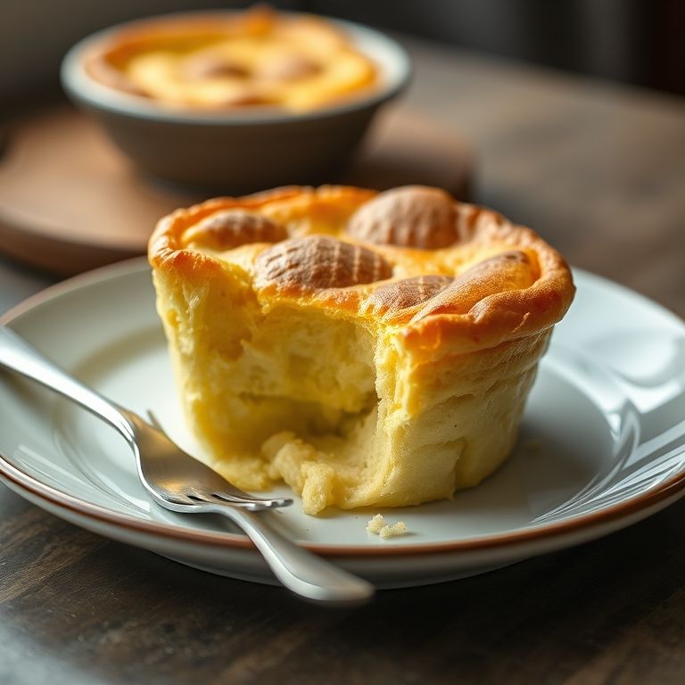 Suflê de queijo murchando em um prato.