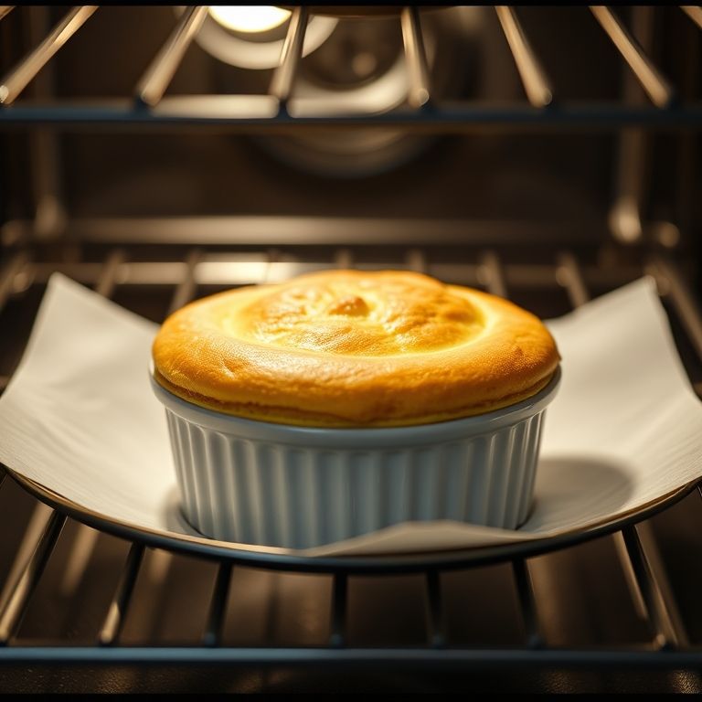 Suflê perfeitamente assado no forno, pronto para ser retirado.