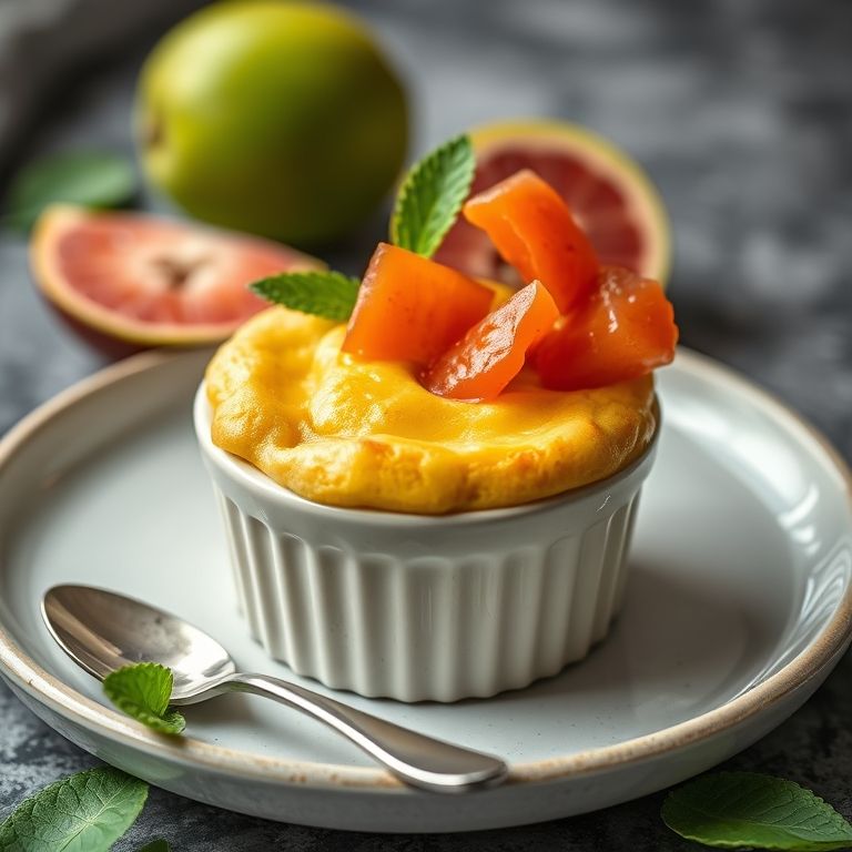 Suflê surpreendente de goiabada com queijo, mostrando a textura cremosa e as cores vibrantes da goiabada.