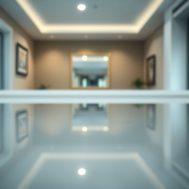 Superfície lisa de um espelho refletindo um ambiente.