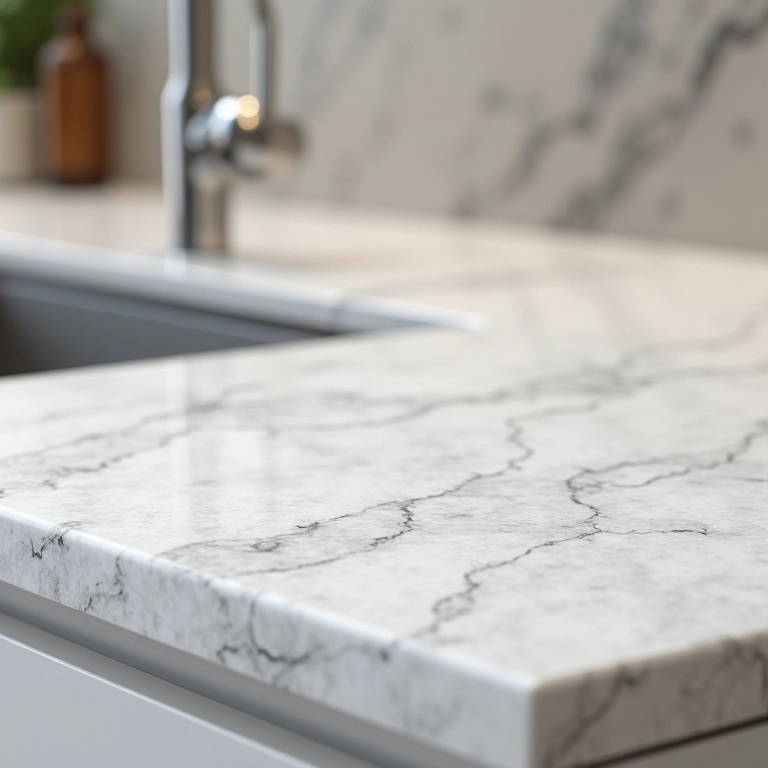 Superfície não porosa de uma bancada de quartzo resistindo a manchas de líquidos comuns na cozinha.