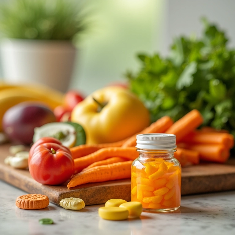 Suplementos vitamínicos ao lado de refeição vegetariana.