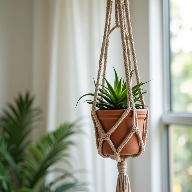 Suporte de macramê com suculentas e velas, usos alternativos.