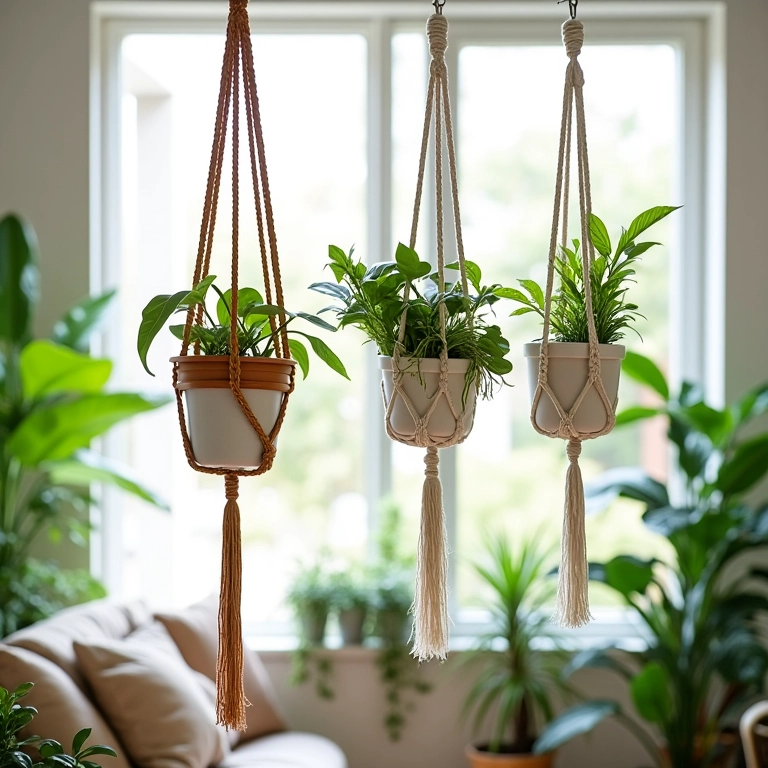 Suportes de macramê exibidos em sala de estar com decoração brasileira.