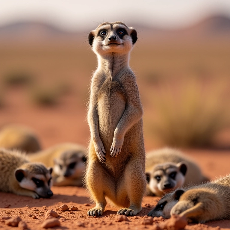 Suricato em alerta enquanto outros dormem.