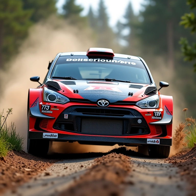 Suspensão reforçada de carro de rali absorvendo impacto.