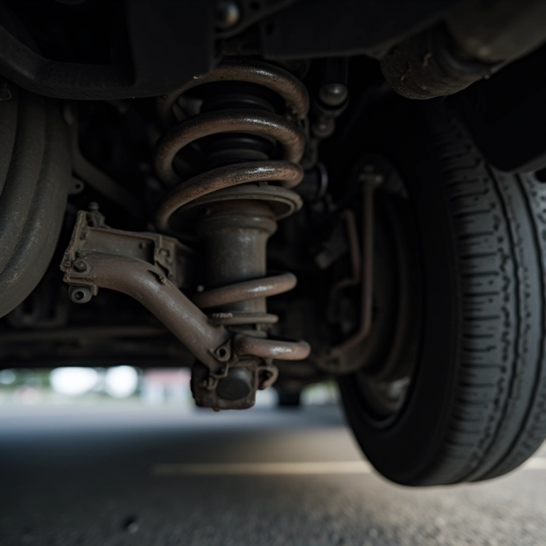 Suspensão traseira de carro com sinais de desgaste e ruídos.