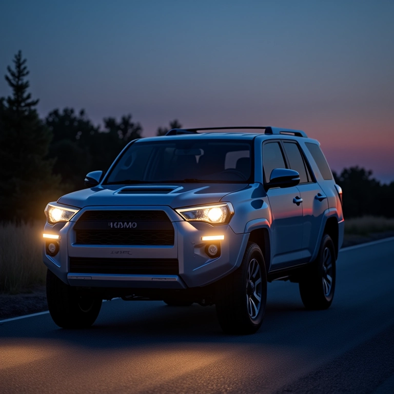 SUV ao entardecer com overbumper de LED iluminando a estrada, destacando segurança e estilo.