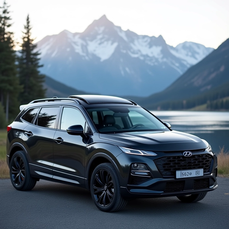 SUV com aerofólio de teto e montanhas ao fundo.