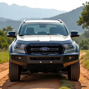 SUV prata com overbumper robusto estacionado em frente a uma paisagem natural exuberante no Brasil.