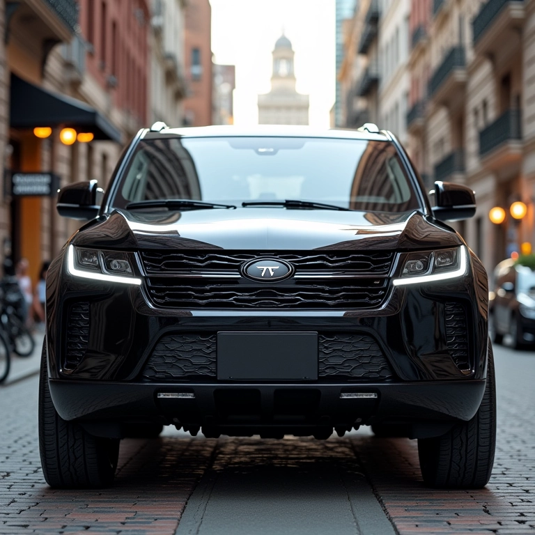 SUV preto com overbumper estacionado em área urbana valorizada, demonstrando investimento e cuidado com o veículo.
