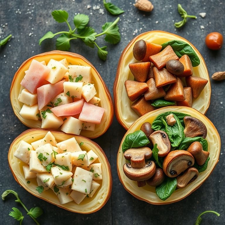 Tabela comparativa de recheios para batata suíça: presunto e queijo vs cogumelos e espinafre.