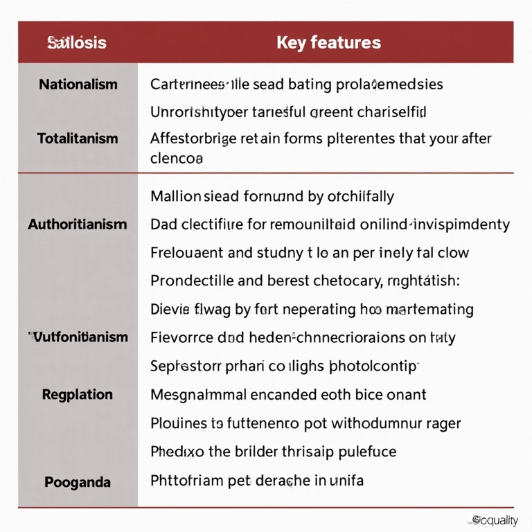 Tabela resumo das principais características do fascismo: nacionalismo, totalitarismo, autoritarismo, repressão, propaganda.