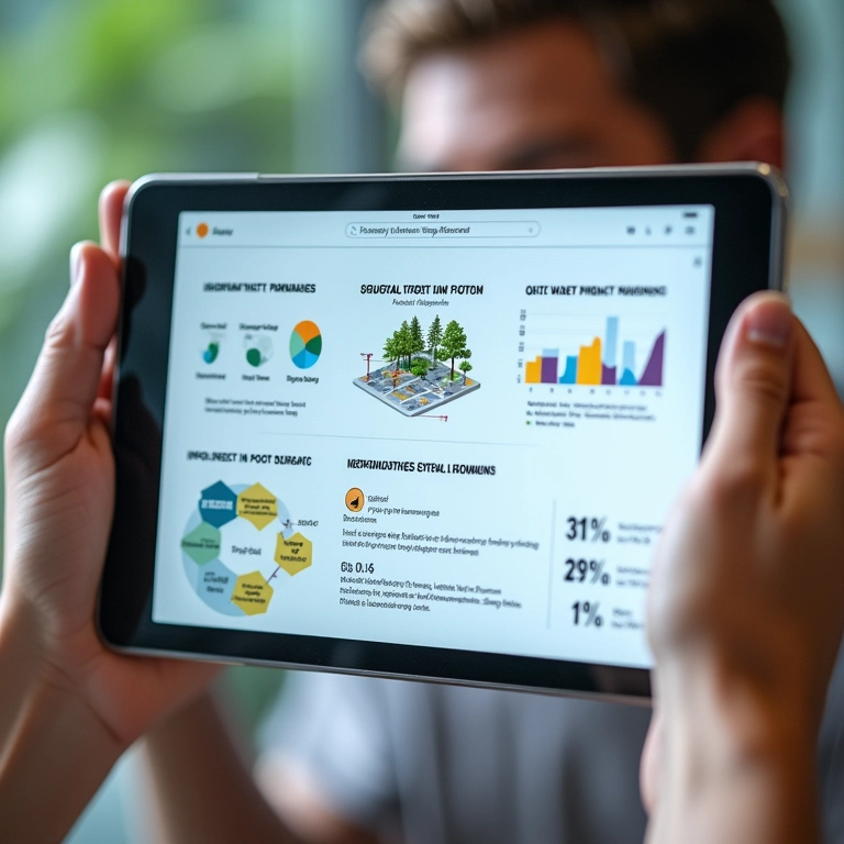 Tablet exibindo infográfico com projetos e impacto social de ONG.