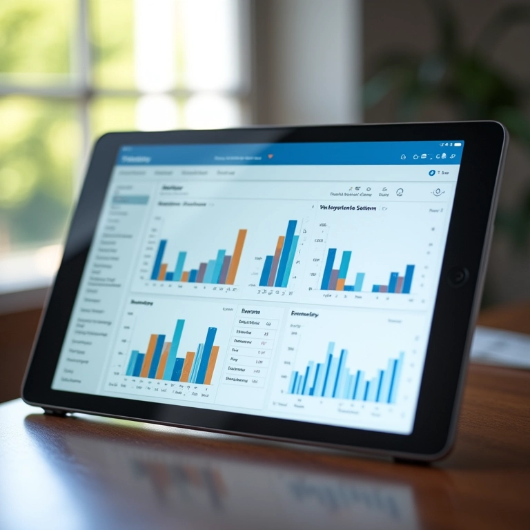 Tablet exibindo interface de software de gestão financeira com gráficos.