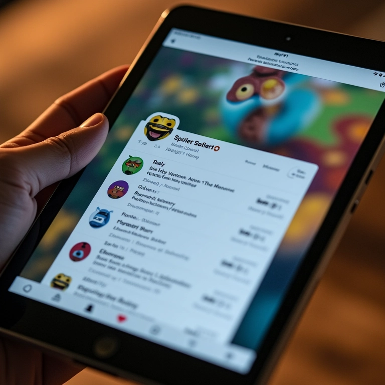 Tablet mostrando feed de mídia social com avisos de 'Spoiler Alert'.