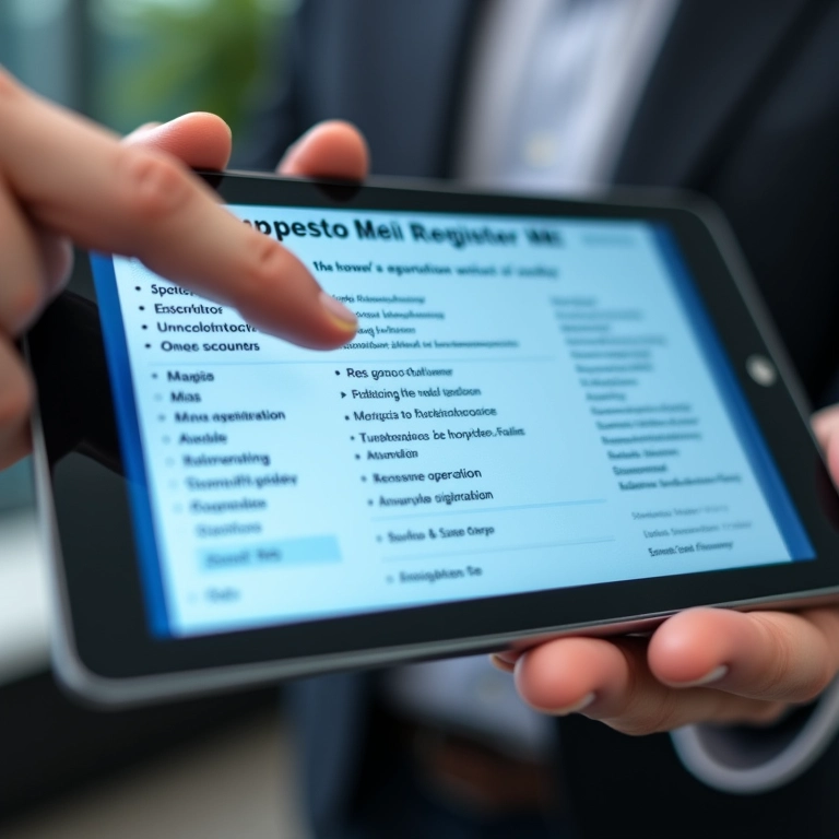 Tablet mostrando passos importantes para registro MEI de montador de stands.