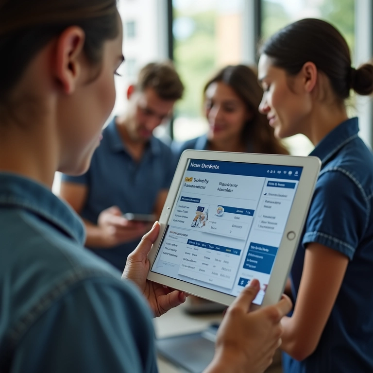 Tablet mostrando software de gestão de estoque.