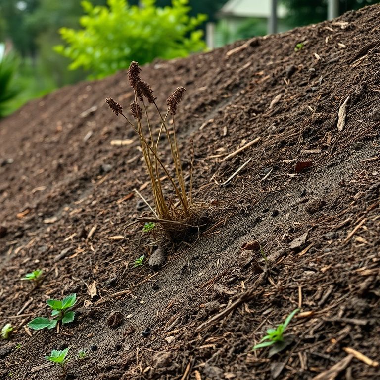 Talude de jardim coberto com mulching, prevenindo a erosão do solo após a chuva.