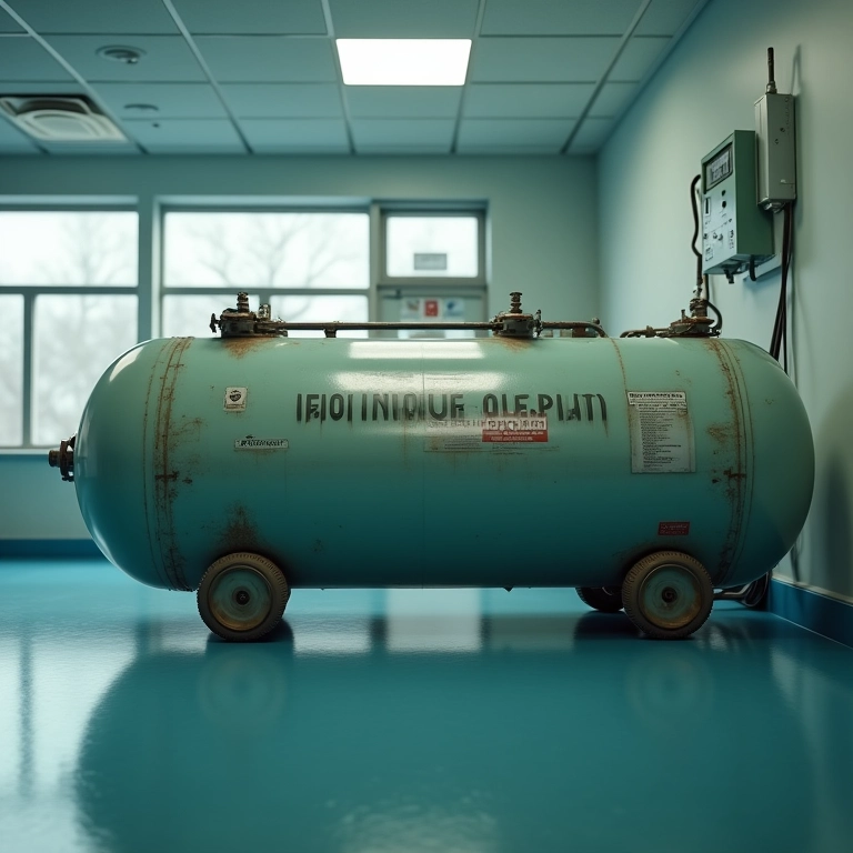 Tanque de óxido nitroso em hospital moderno, representando o aquecimento global.