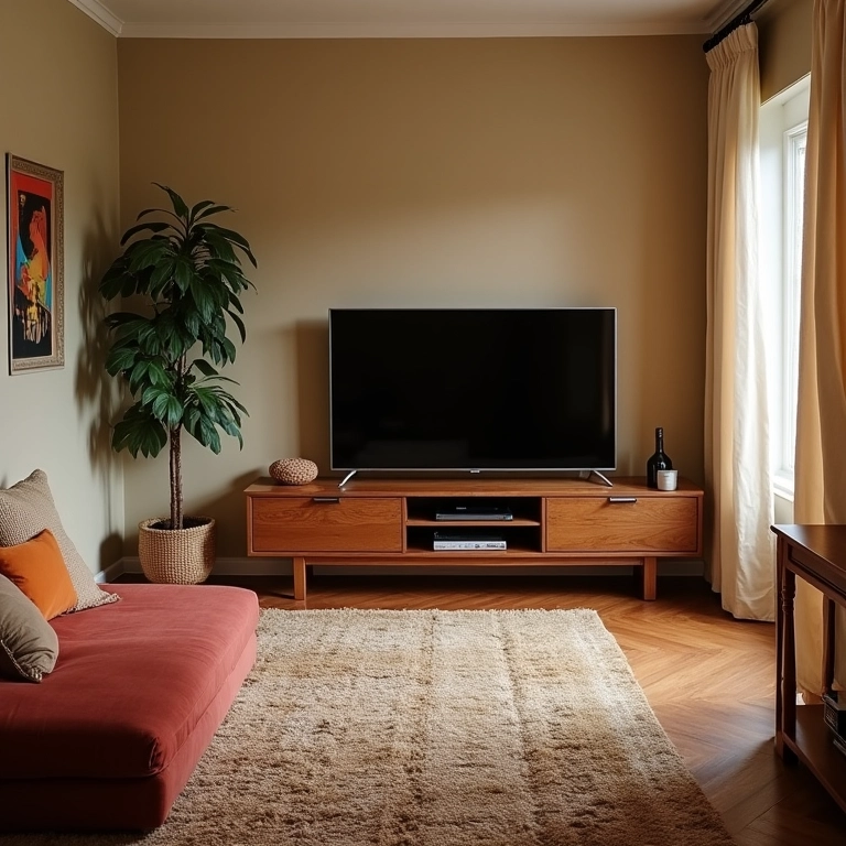 Tapete confortável delimitando espaços em uma sala de TV pequena.