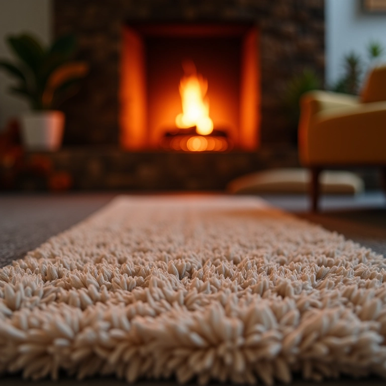 Tapete macio em frente à lareira, criando um ambiente aconchegante.