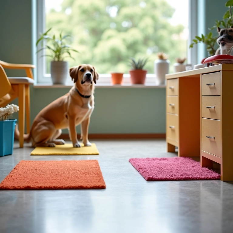 Tapetes antiderrapantes em um escritório pet-friendly.