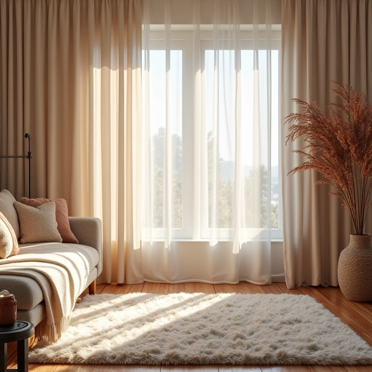 Tapetes e cortinas aconchegantes em sala de estar.