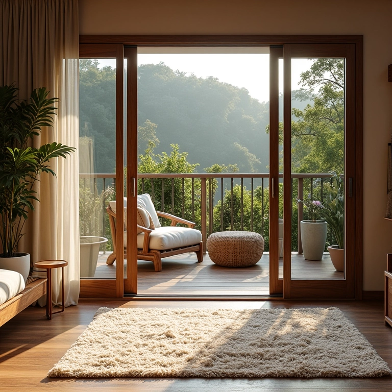 Tapetes e texturas aconchegantes em sala e varanda.