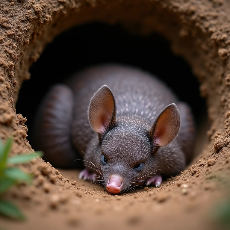 Tatu enrolado dormindo em sua toca.