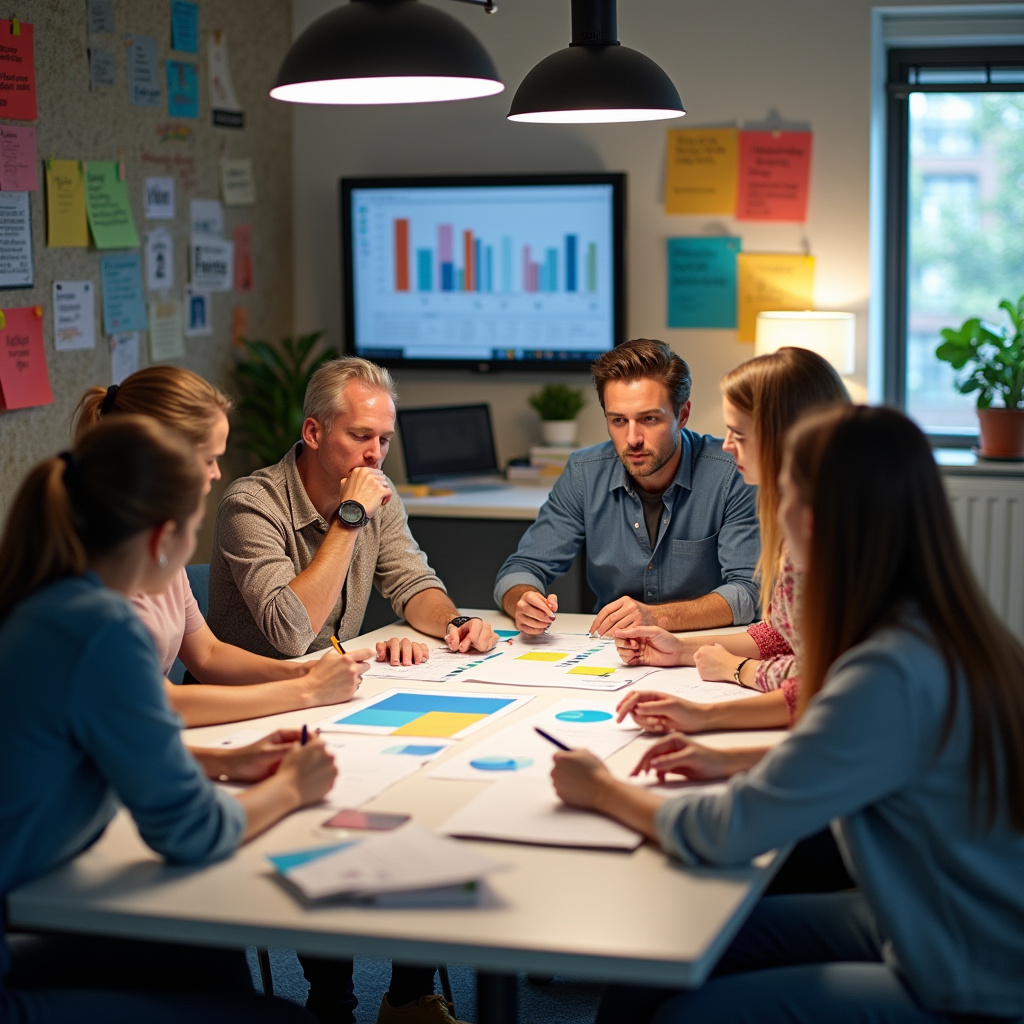 Team brainstorming digital marketing strategies around a table. Colorful office, collaborative Serviços completos de agência de site.