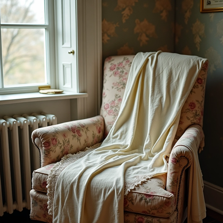 Tecidos e rendas drapeados sobre móveis vintage, criando atmosfera aconchegante.
