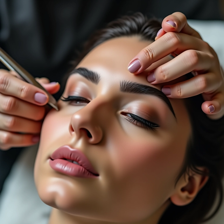 Técnica de depilação com linha em demonstração.