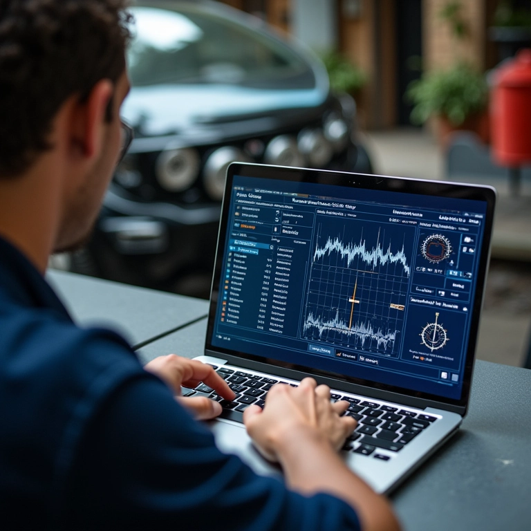 Técnico analisando dados do sensor PS10 em um laptop, com motor de carro ao fundo.