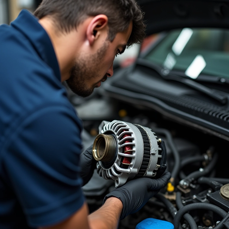 Técnico automotivo inspecionando um alternador defeituoso de um carro.