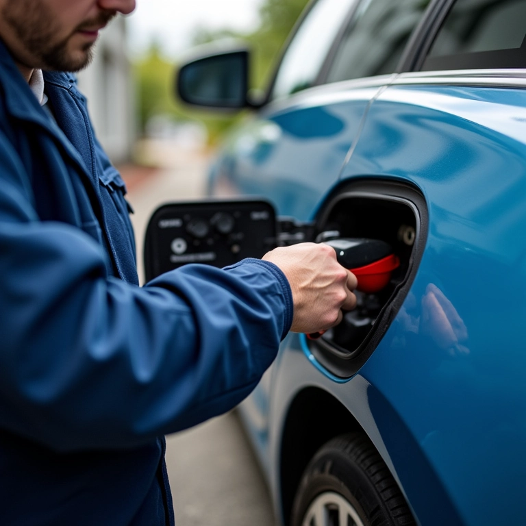 Técnico checando a saúde da bateria de carro elétrico.