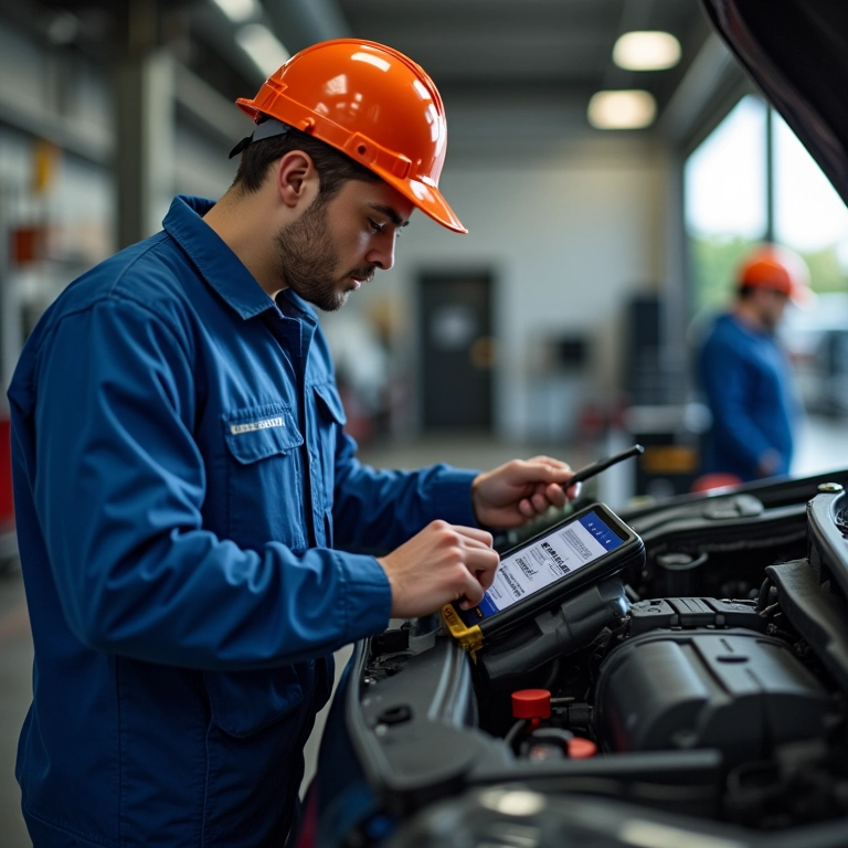 Técnico checando uma bateria nova com equipamentos de diagnóstico.